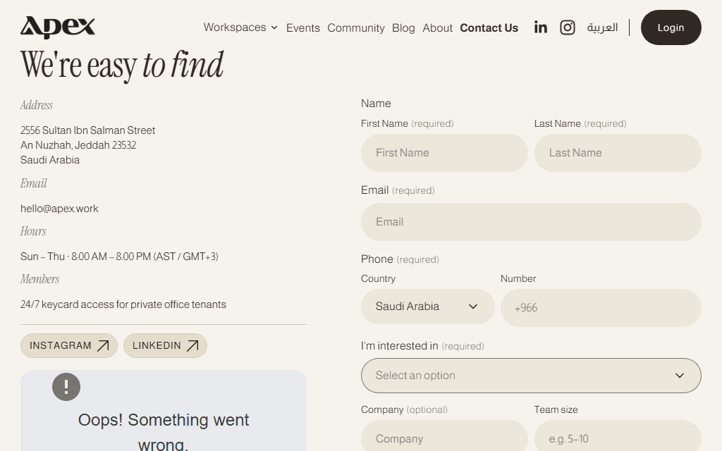The /contact page's address, hours, and booking-form panel rendering normally while the Google Maps widget below it shows a contained 'Oops! Something went wrong' error state from a localhost referrer restriction