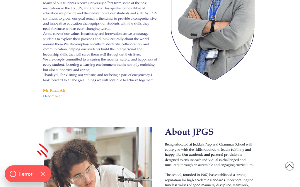 About JPGS page showing two distinct ComponentMapper-driven sections back to back: a headmaster's welcome message beside a portrait photo, then an 'About JPGS' text block beside a photo of a student in a lab.