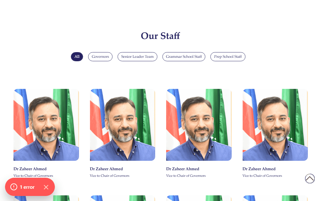 The Our Staff directory: category filter pills above a grid of staff photo cards, each card repeating the same hardcoded name and title regardless of the distinct photo shown.
