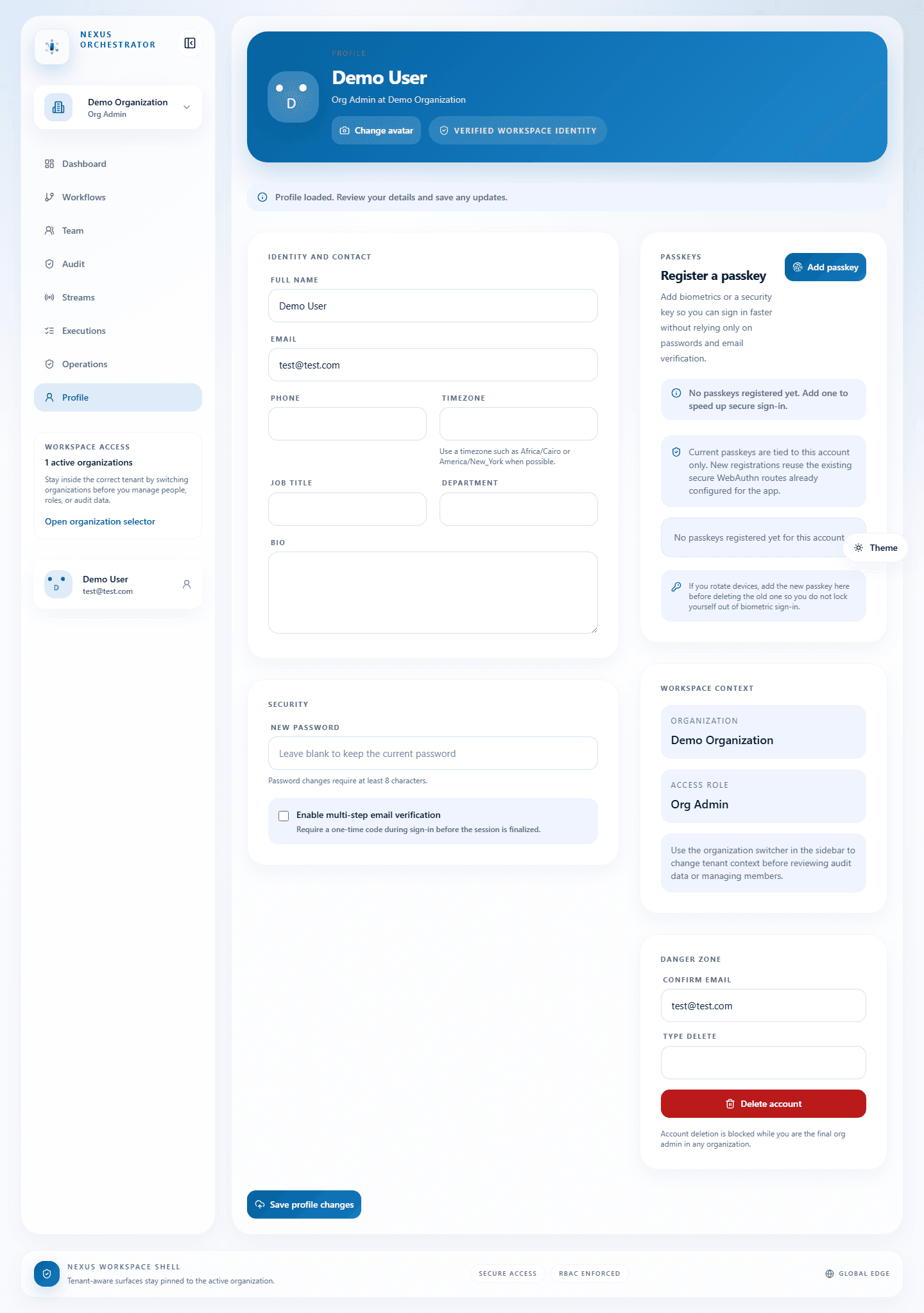 Nexus Orchestrator's live /profile page's Danger Zone section: a confirm-email field and an empty 'Type DELETE' field, with the on-page copy 'Account deletion is blocked while you are the final org admin in any organization' — captured without submitting the form.