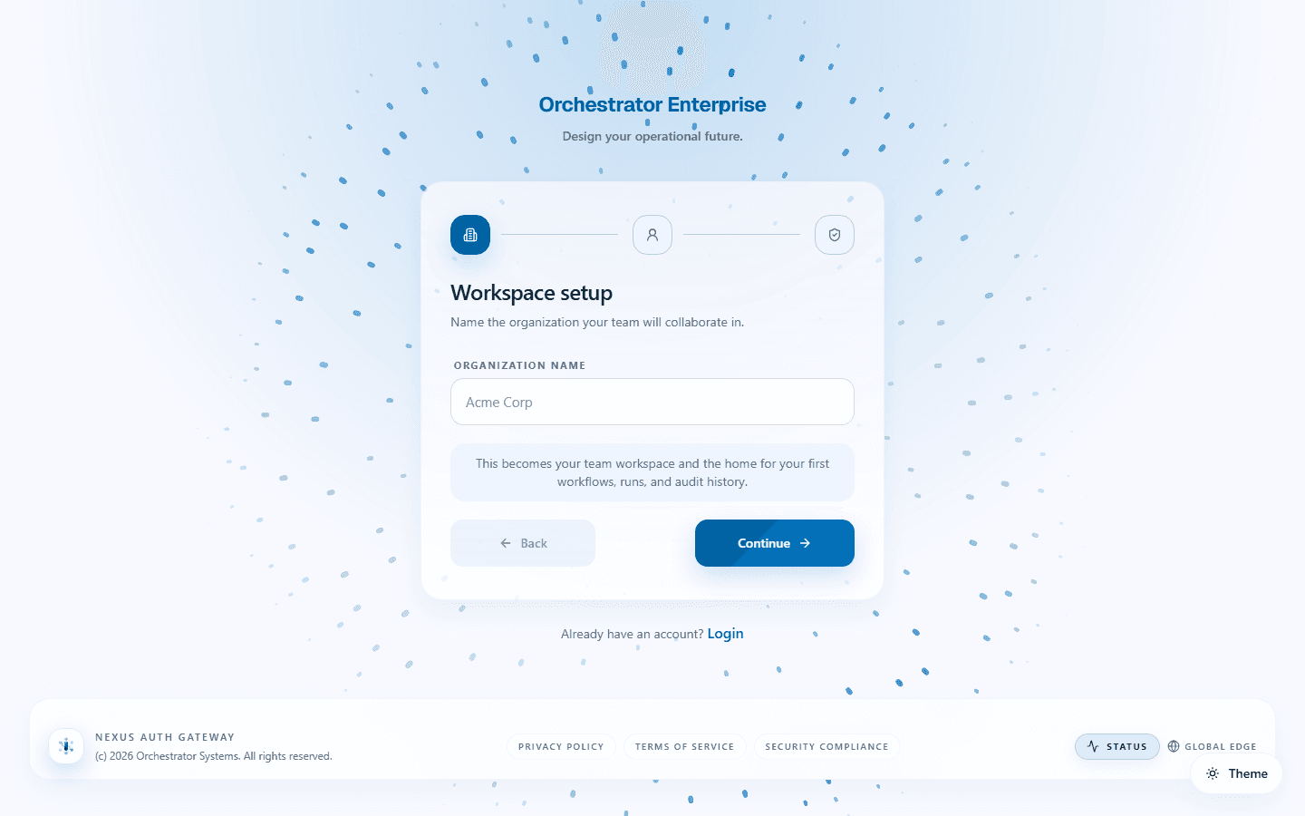 Nexus Orchestrator's live /register page, 'Workspace setup' step: an 'Organization Name' field (placeholder 'Acme Corp'), helper text explaining this becomes the team's workspace, and Back/Continue buttons.